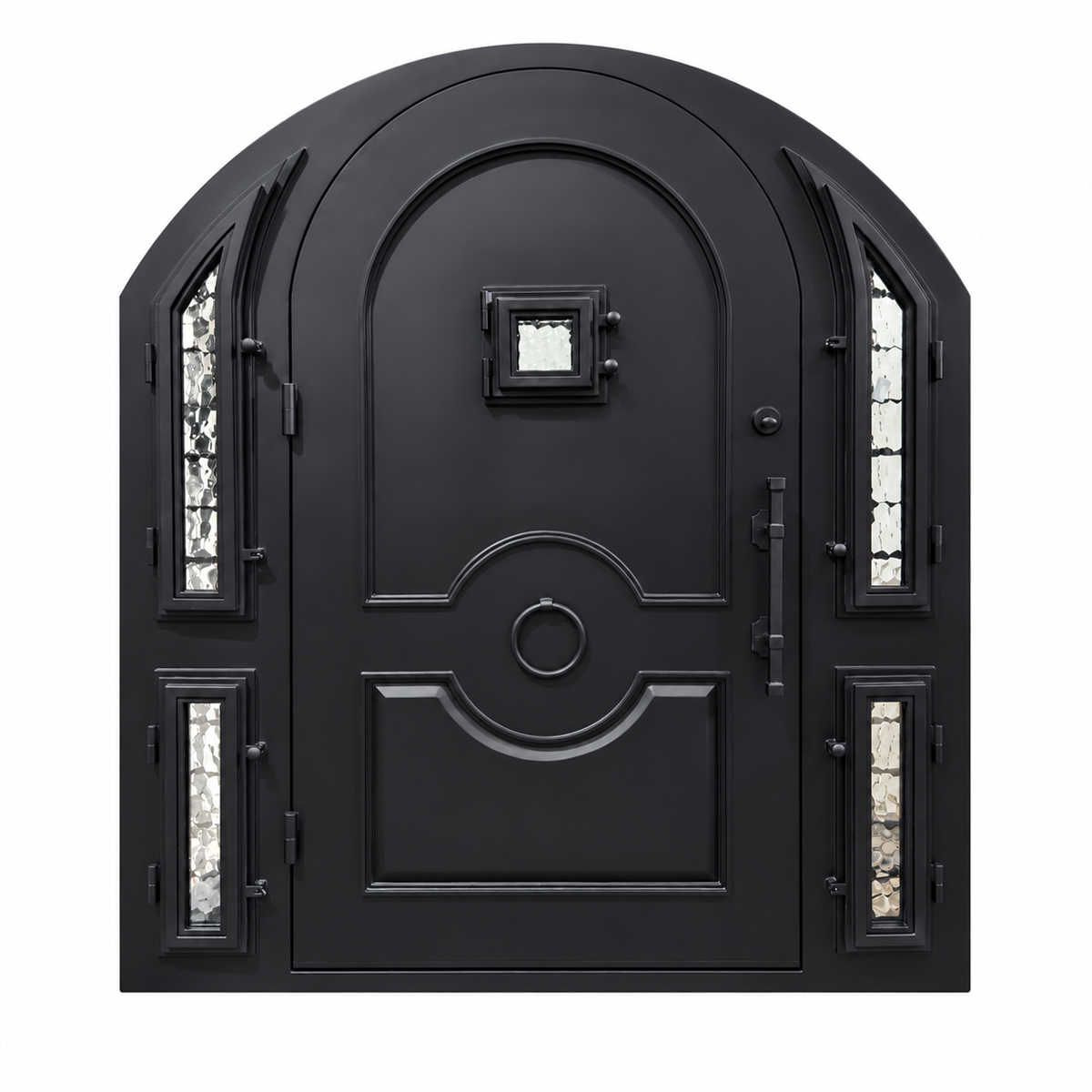 Rear product view of the arched single iron door showing the small glass opening and glazed side panels