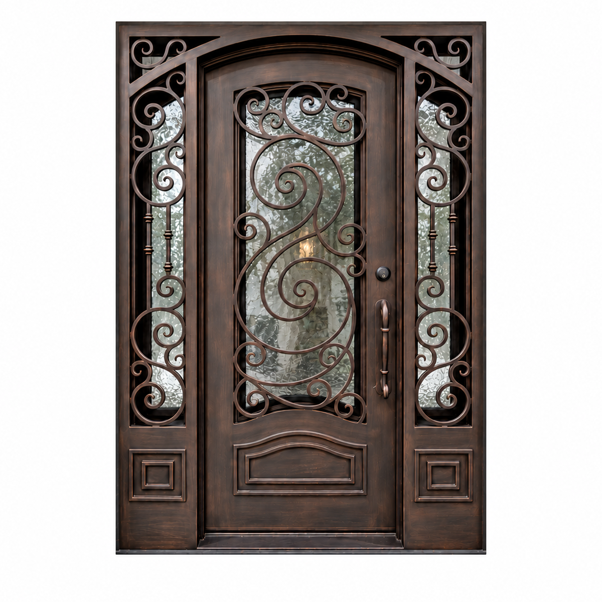 Front view of a bronze-toned single iron door with decorative scrollwork, glass sidelights, and raised lower panels