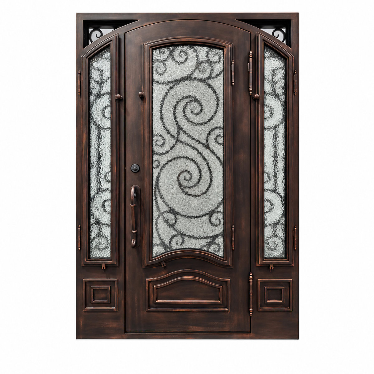 Interior view of a single traditional iron door with textured glass, side glass panels, and bronze-toned trim