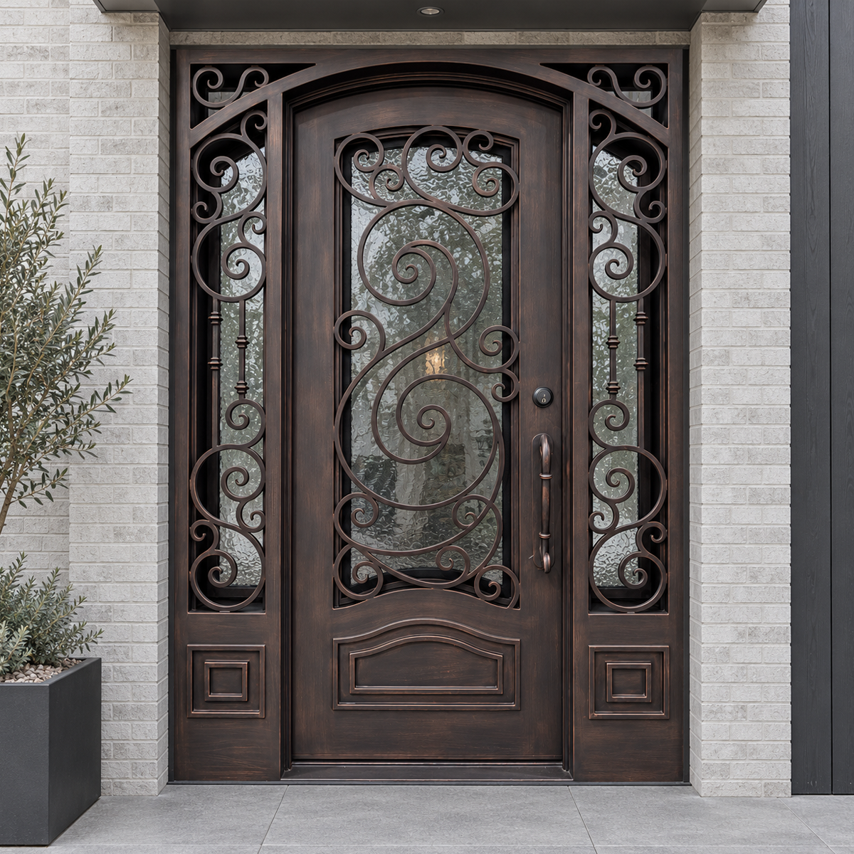 Single traditional iron front door with ornate scrollwork and textured glass sidelights in a light brick entrance