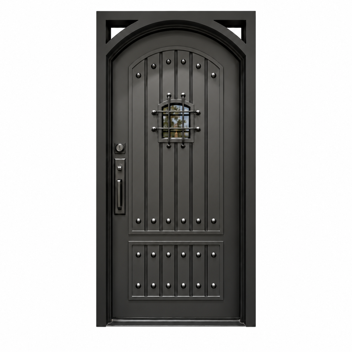 Front view of a black traditional single iron door with arched detailing, vertical panels, studs, and a grille window