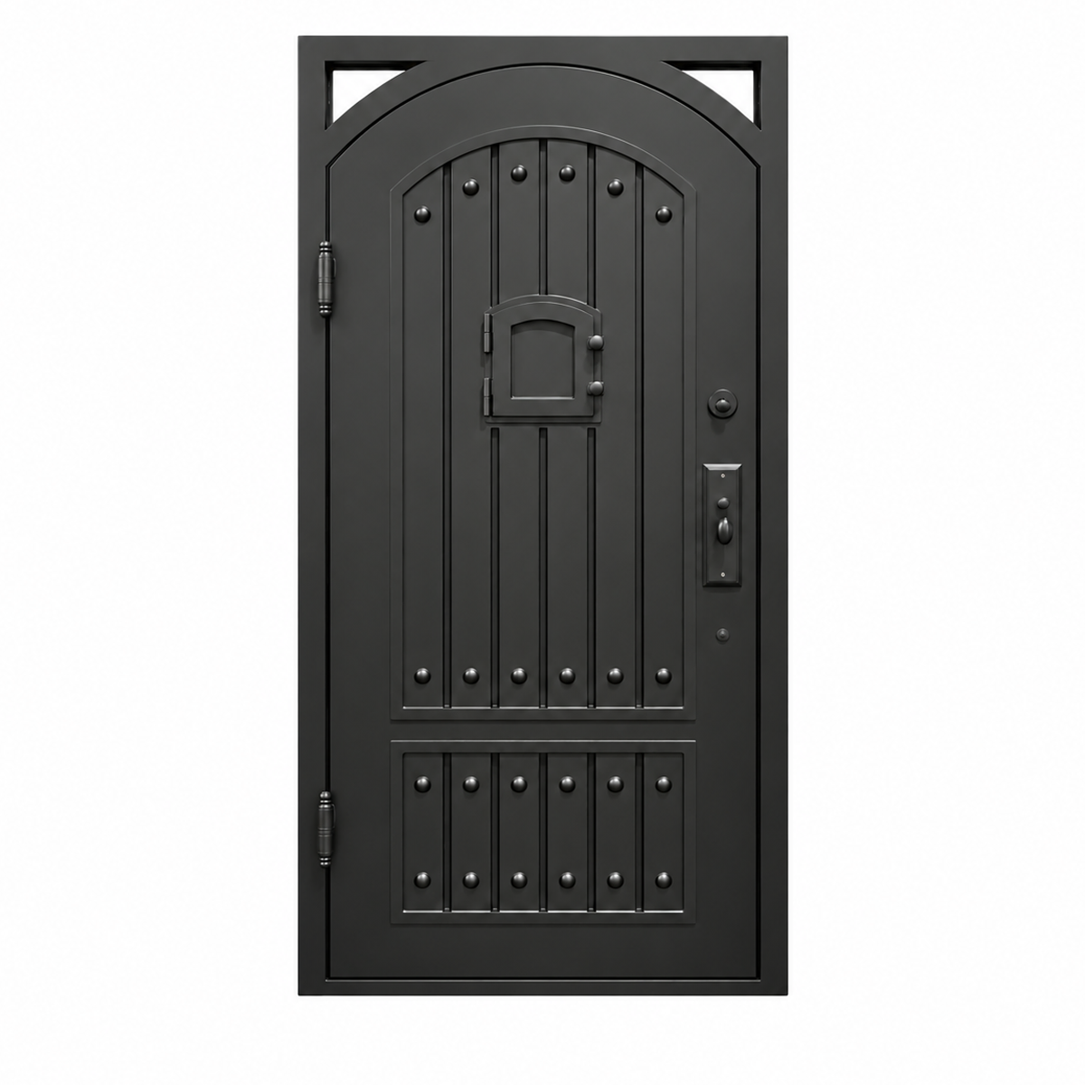 Rear view of a black traditional single iron door with decorative studs, vertical panels, and a small hinged window cover
