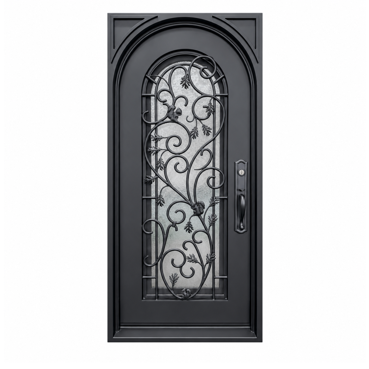 Front view of a black single iron door with leaf and vine scrollwork over a tall arched textured glass panel