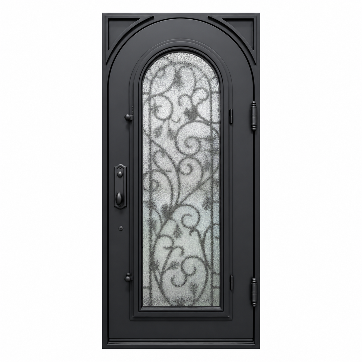 Rear view of a black traditional single iron door with arched textured glass and layered arch detailing