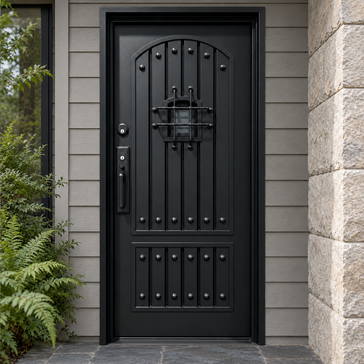 Black single traditional iron door with studded panels and a speakeasy window at a stone and siding home entrance