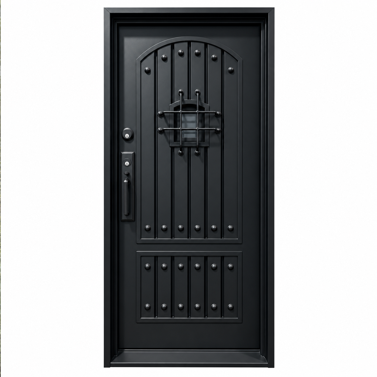 Additional front view of the TRAD-21 black iron door with decorative studs and a small grille window on a white background