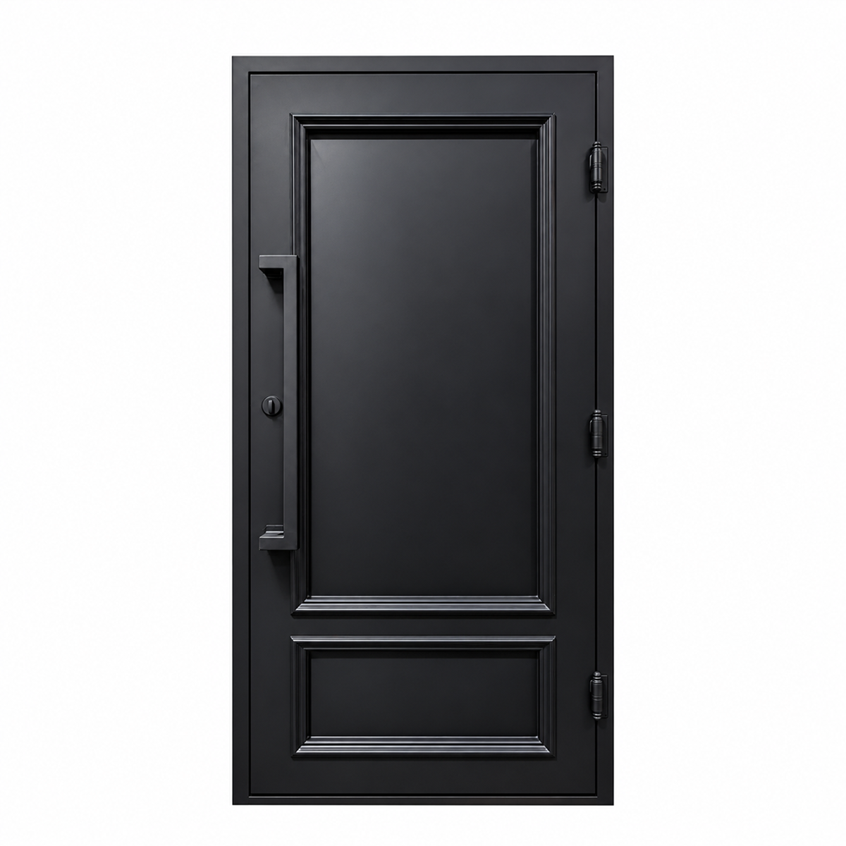 Rear view of a black traditional single iron door with two framed panels, a long vertical pull handle, and visible hinges