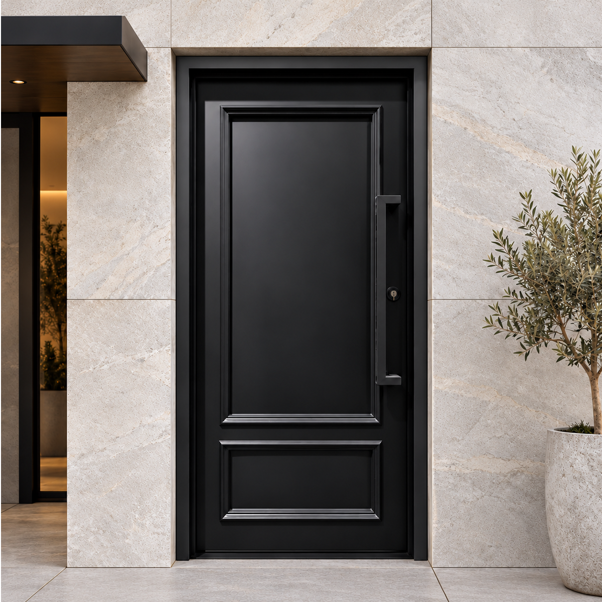 Black single traditional iron front door with two raised panel outlines and a long pull handle in a light stone entrance