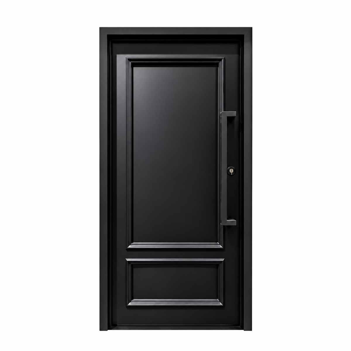 Front view of a black single iron door with classic two-panel detailing, rectangular molding, and no glass