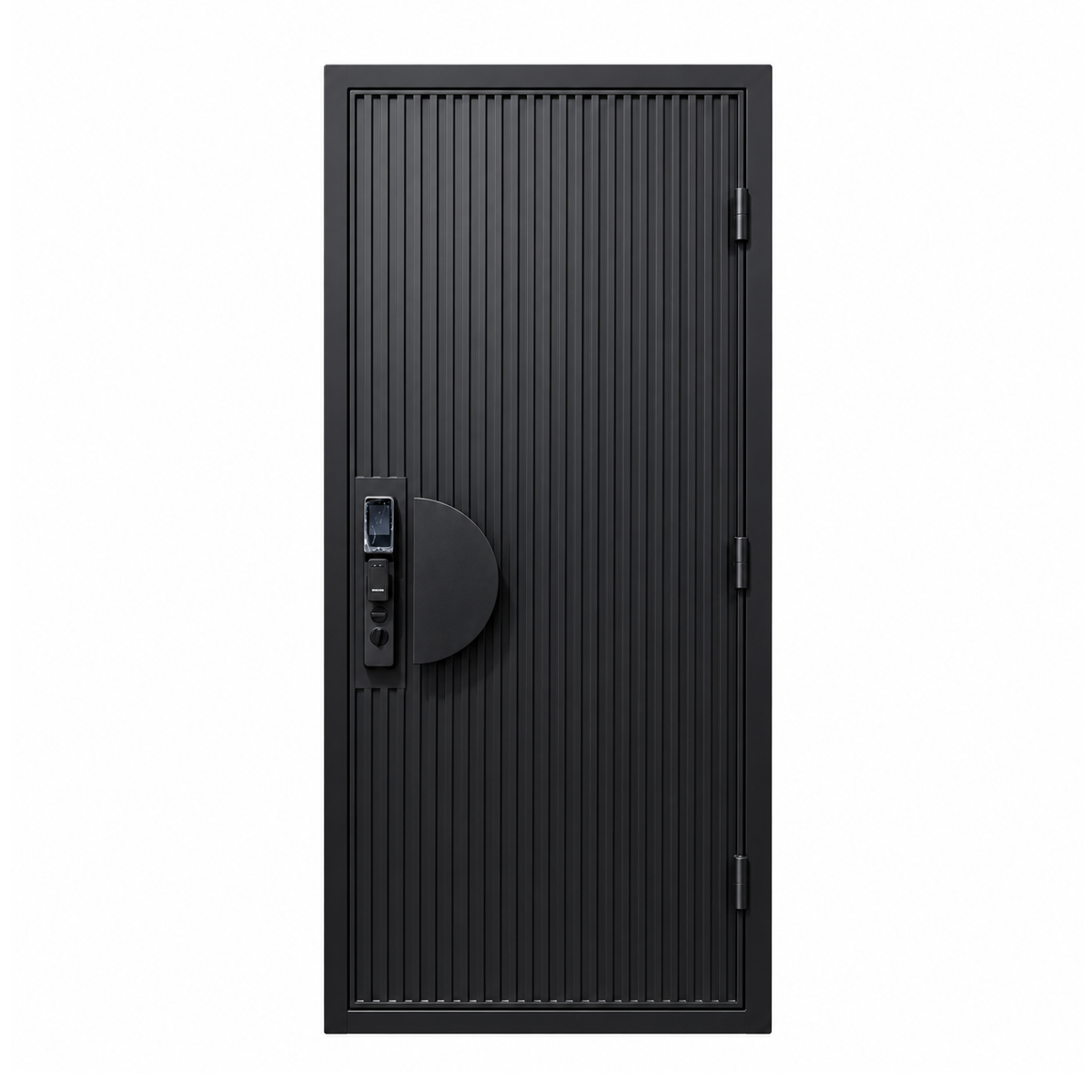 Rear view of a black fluted single iron door with a half-moon handle, lock hardware, and visible hinges