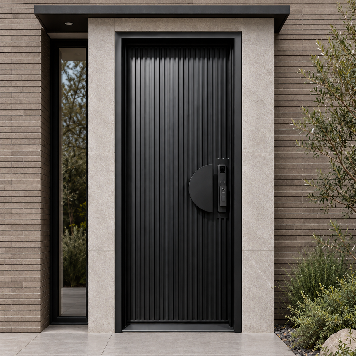 Black single modern iron front door with vertical fluting and a half-moon handle in a brick and stone entrance