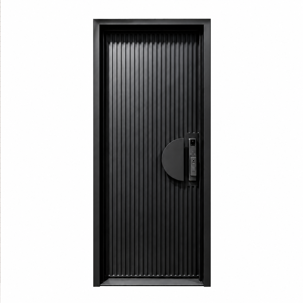 Front view of a black single modern iron door with closely spaced vertical ribs and a sculptural half-moon handle