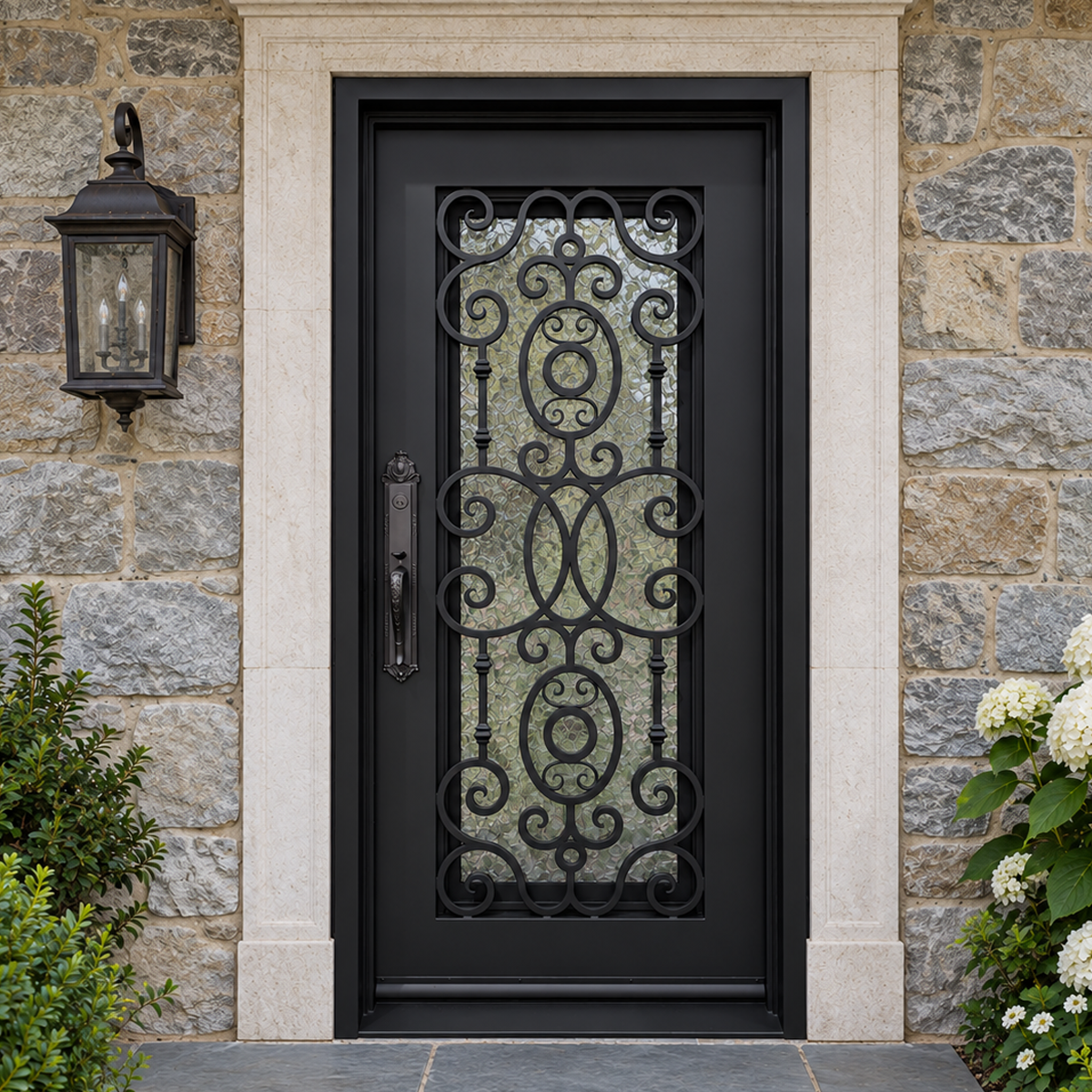 Black single traditional iron door with oval scrollwork and textured glass in a stone entrance beside a wall lantern