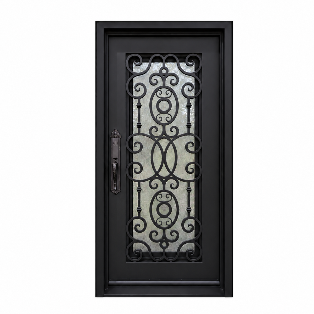 Front view of a black single traditional iron door with oval medallions, decorative scrollwork, and textured glass