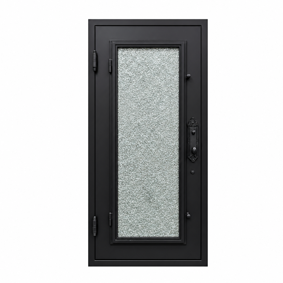 Rear view of a black single traditional iron door with a tall rectangular textured glass panel and decorative handle