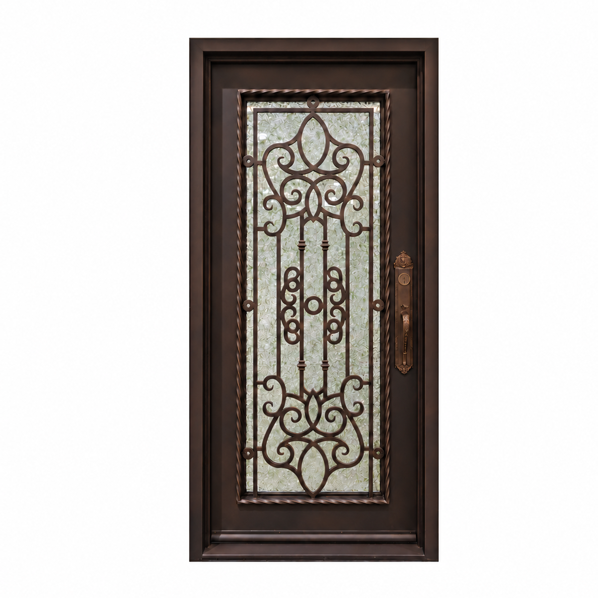 Front view of a single traditional iron door with symmetrical scrollwork, a rope-style border, and textured glass