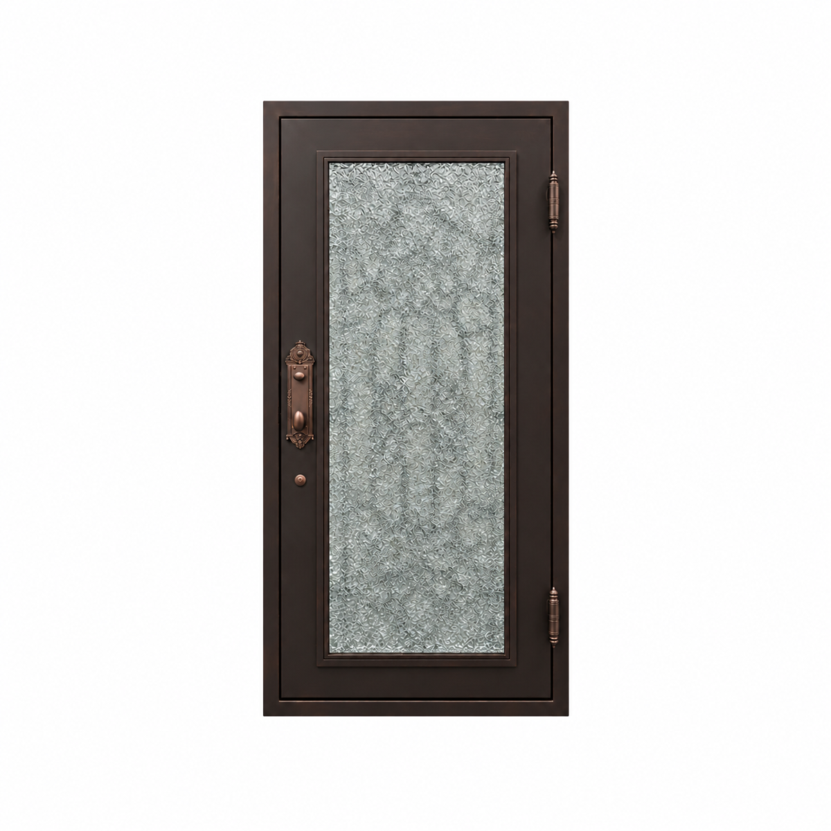 Rear view of a bronze-toned single iron door with a tall textured glass panel, handle, and visible hinges