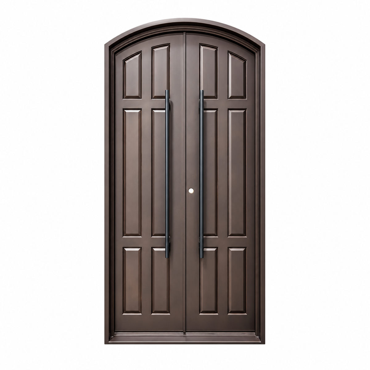 Front view of brown double iron doors with an eyebrow arch, six solid panels per leaf, and long pull handles