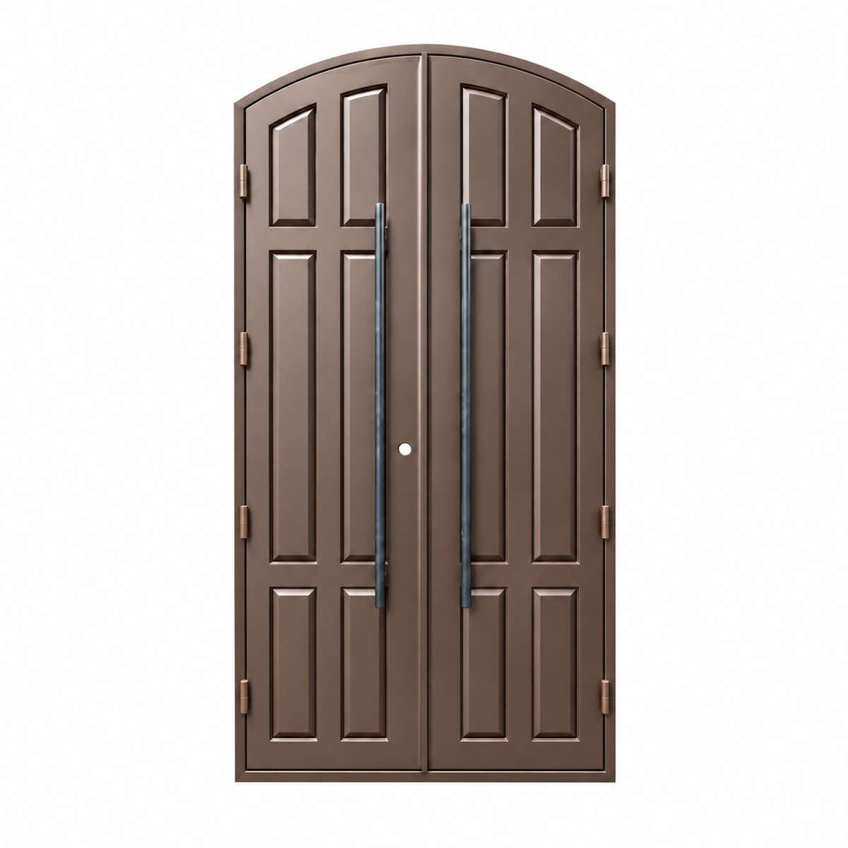 Rear view of brown arched double iron doors showing solid framed panels, long pull handles, and exposed side hinges