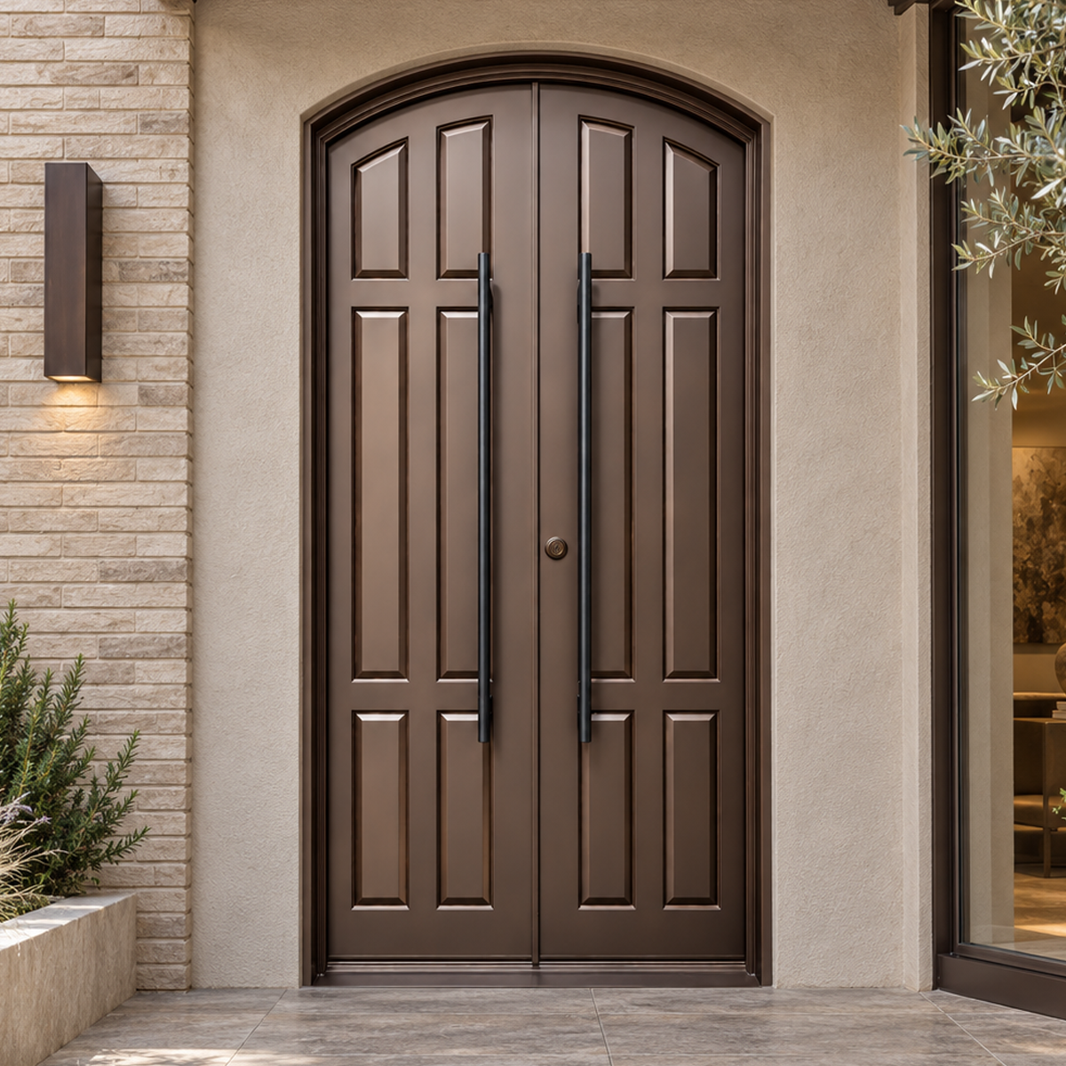 Brown arched double traditional iron doors with solid panels and long dark pull handles in a stone and stucco entrance