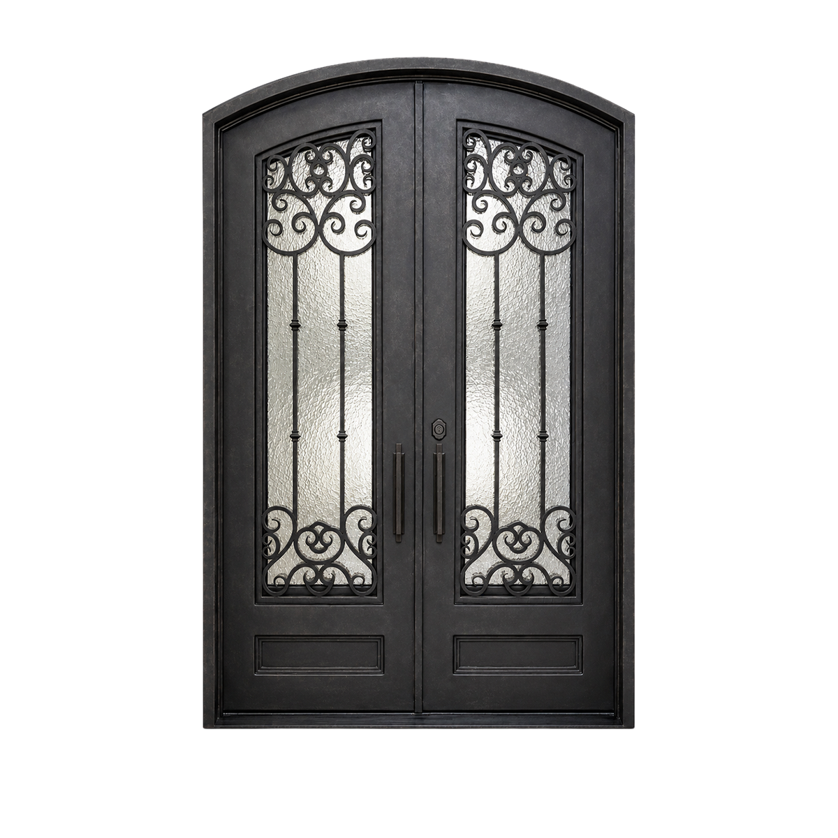 Traditional double iron entry door with arched top, decorative scrollwork and textured privacy glass on white background
