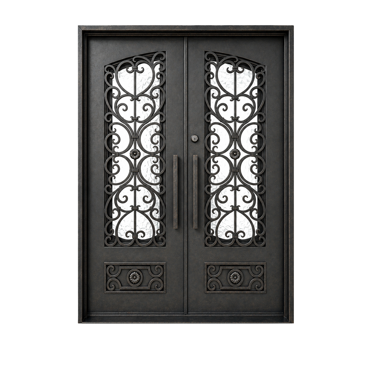 Traditional double iron entry door with ornamental scrollwork, black metal frame and decorative lower panels on white background