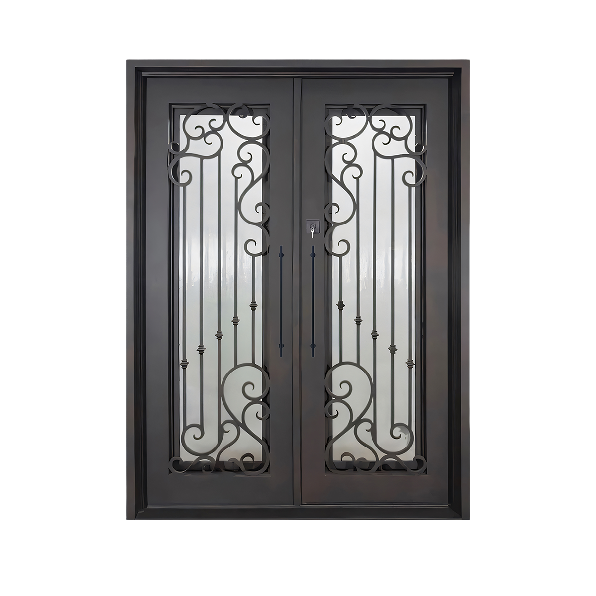 Traditional double iron entry door with decorative scrollwork and black metal frame on white background