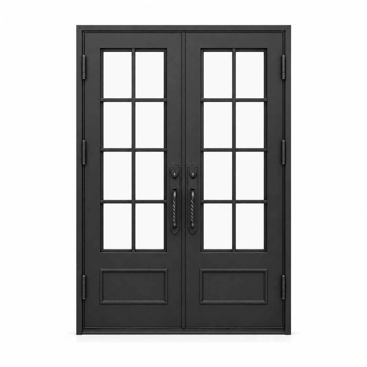 Rear view of a traditional double iron entry door with divided glass panes and black metal frame