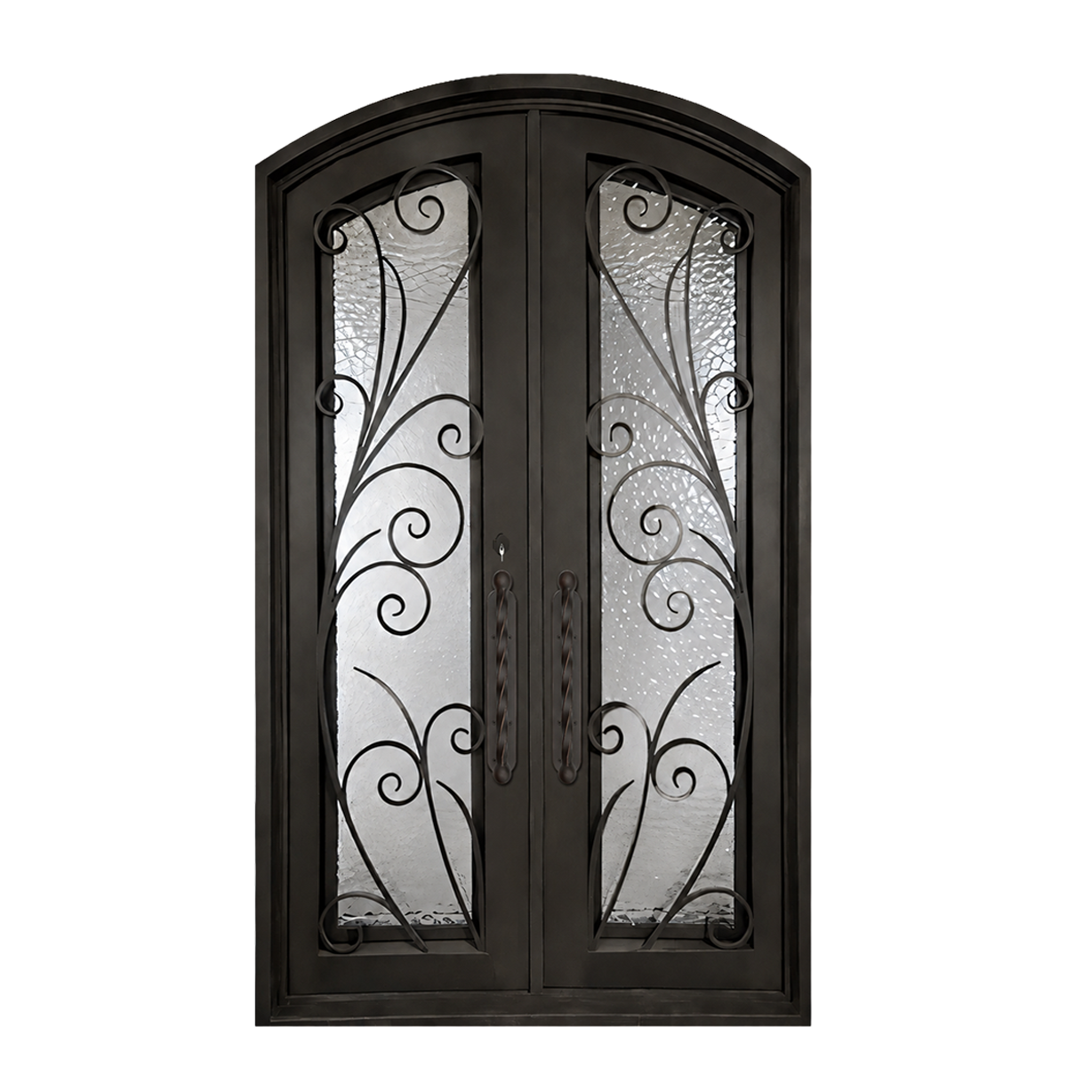 Traditional double iron entry door with decorative scrollwork, textured privacy glass and curved top profile