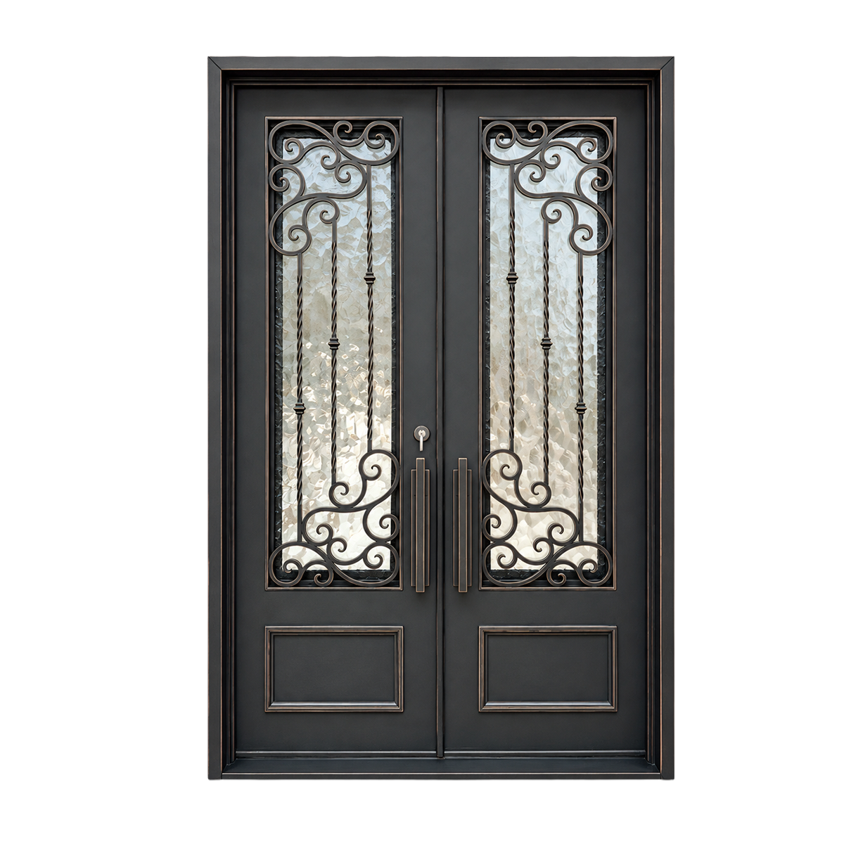 Traditional double iron entry door with vertical scrollwork, textured privacy glass and classic lower panels on white background