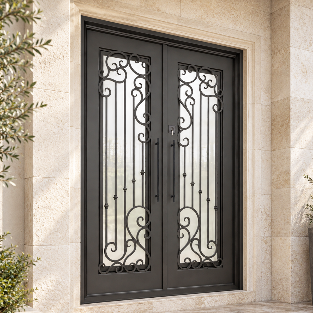 Traditional double iron entry door shown from an angled exterior view with decorative metal scrollwork