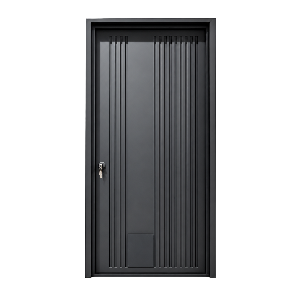 White-background view of a black iron entry door with narrow vertical grooves and a square frame.