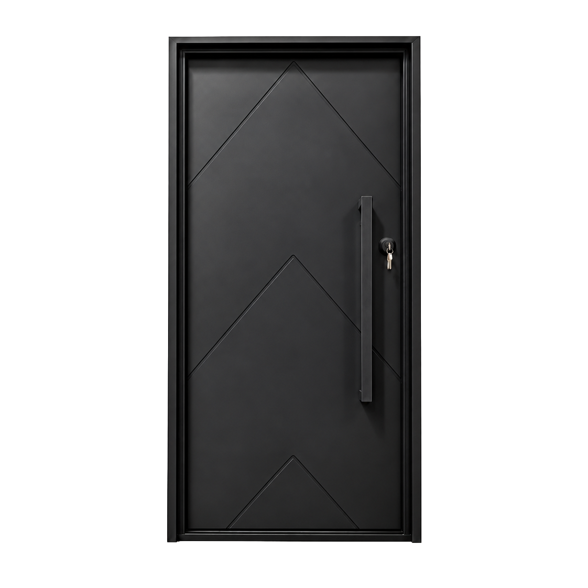 Black geometric chevron iron door shown against a white background.