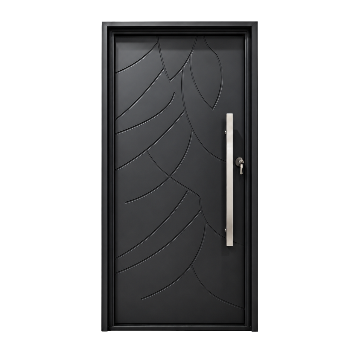 Matte black single iron door with curved groove design and silver pull handle on a white background.