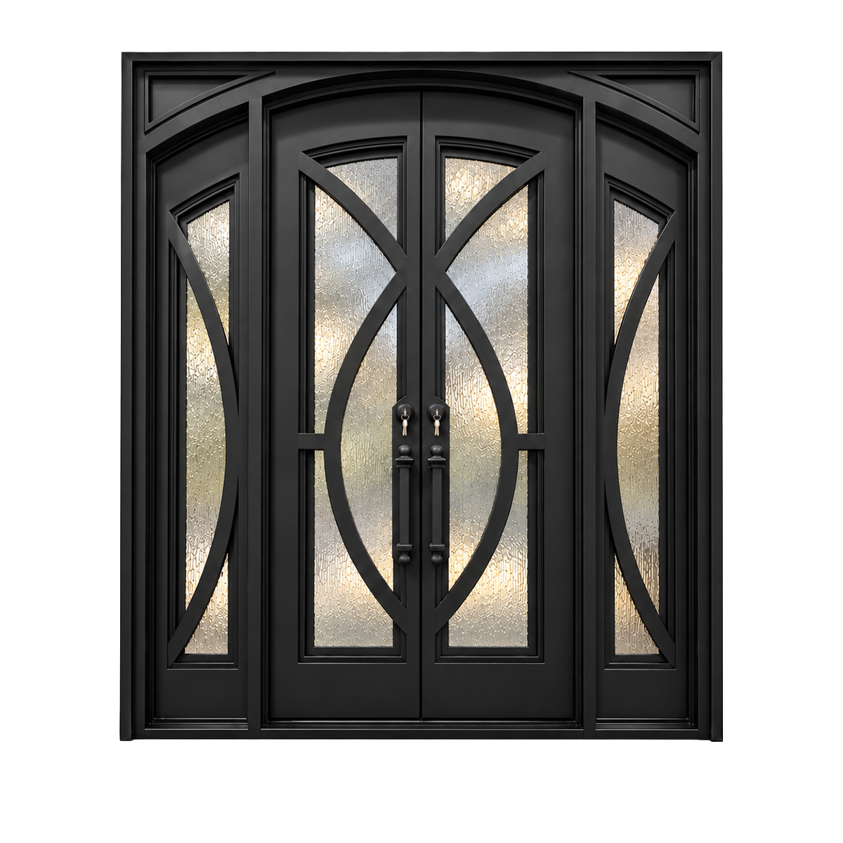 Black double iron door with curved ironwork and textured glass shown on a white background.