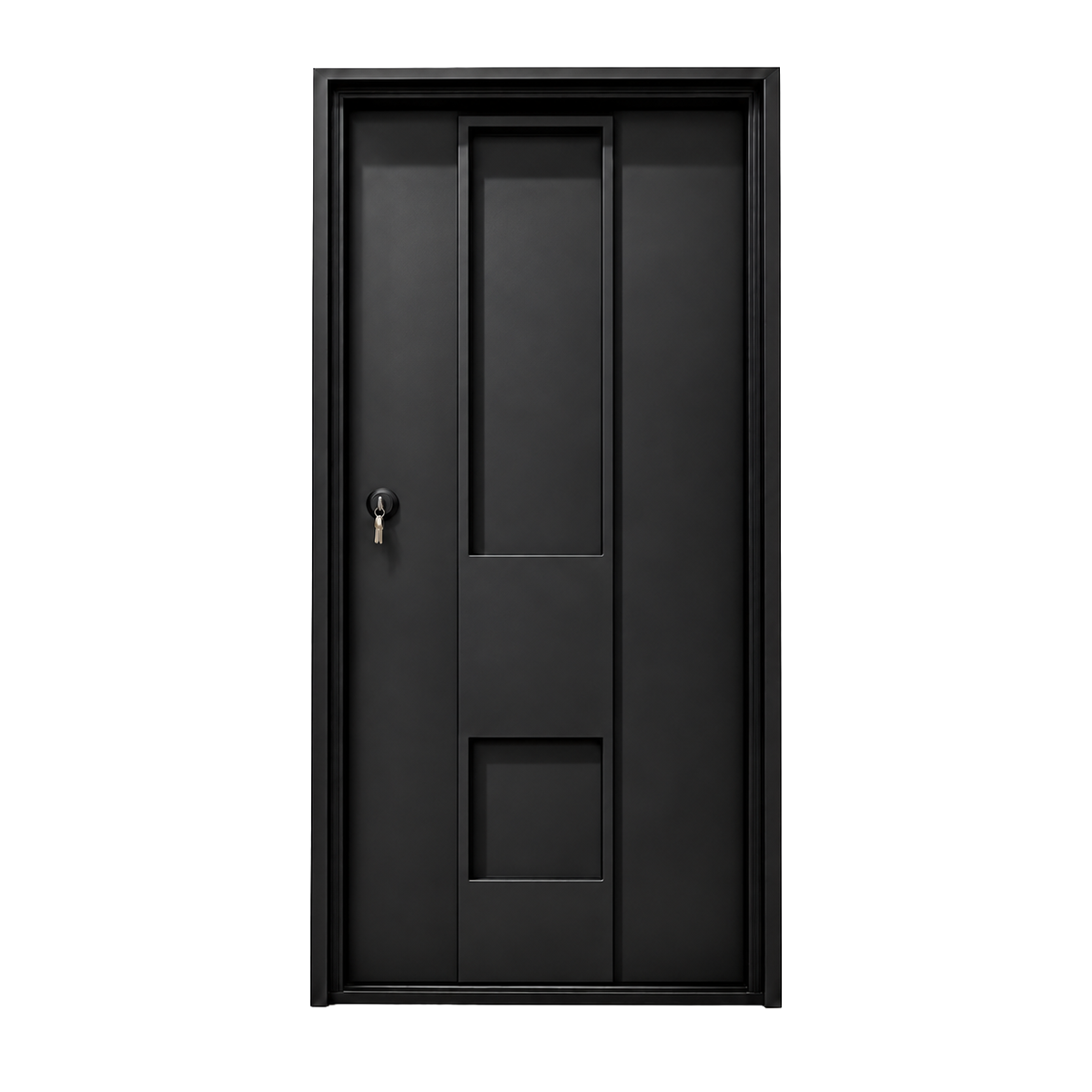 Black stacked panel iron door shown against a white background.