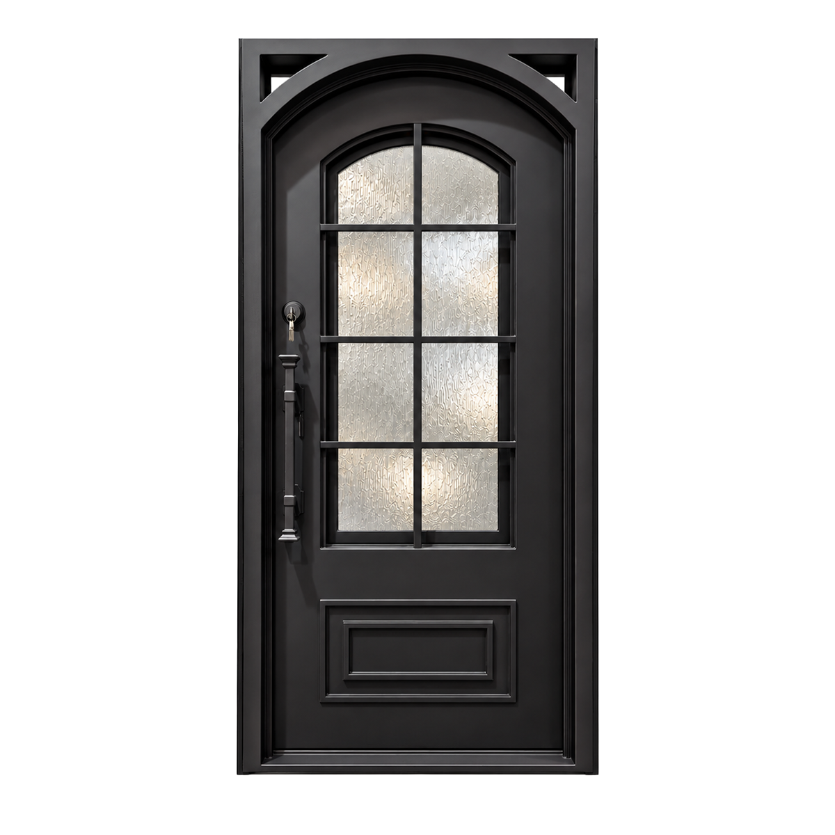 Arched glass iron entry door shown against a white background.