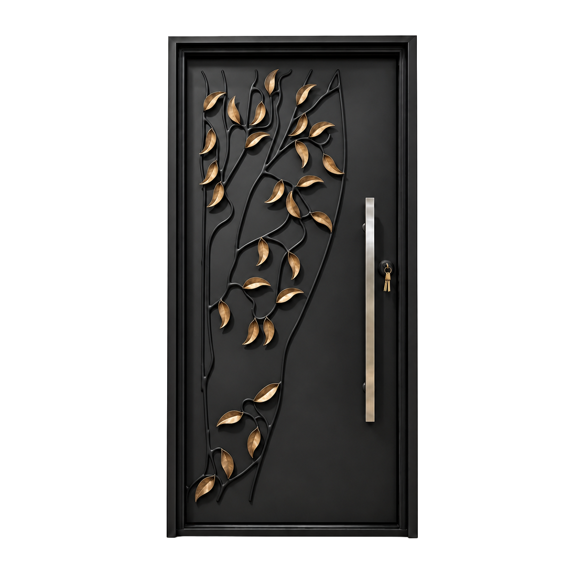 Black iron door with gold-leaf vine ironwork shown against a white background.