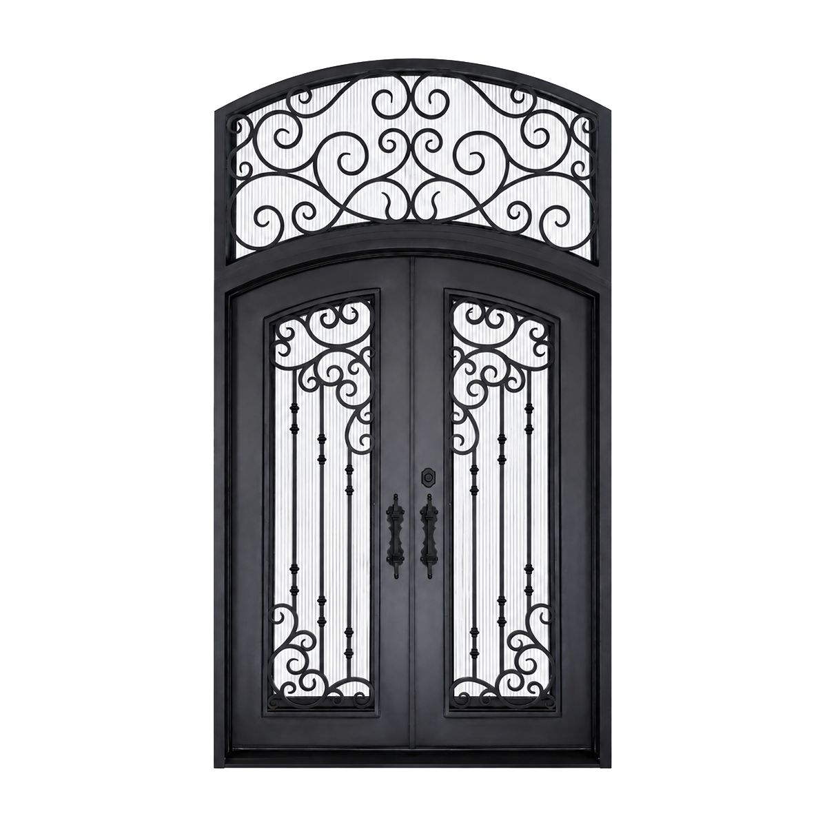Black wrought iron double entry door with decorative glass panels and arched transom on white background
